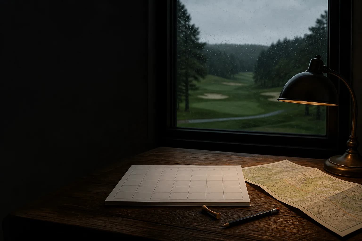 A plain paper calendar and folded road map on a dark desk beside a rainy golf-course window.