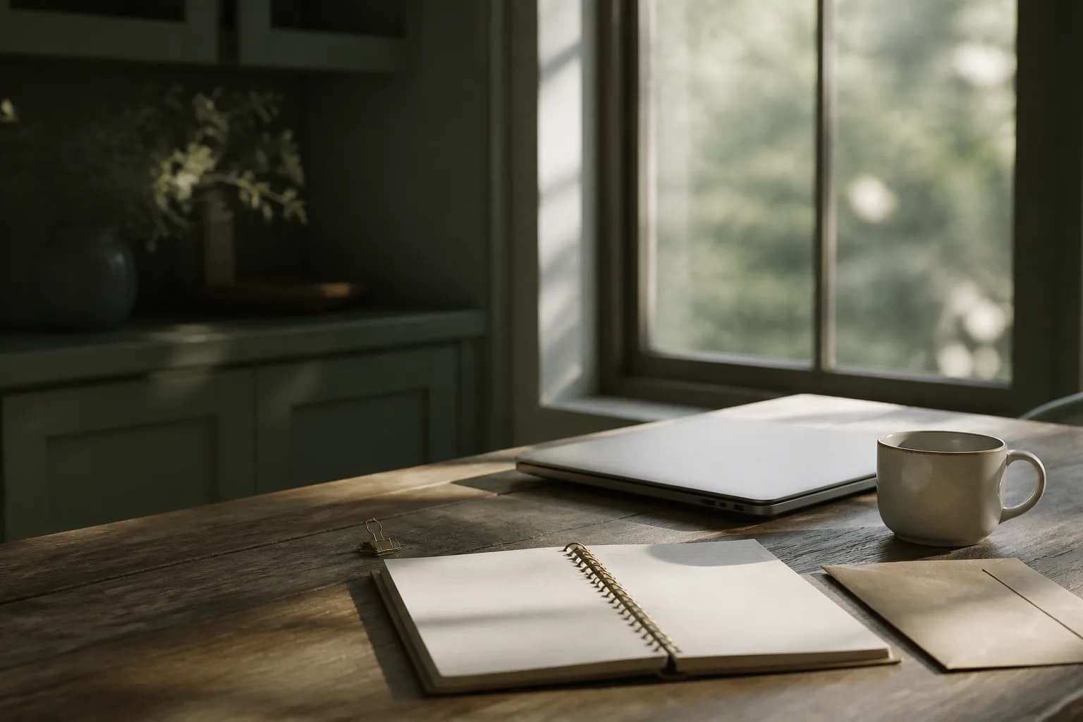 A blank planner, closed laptop, cup, and envelope on a morning table.