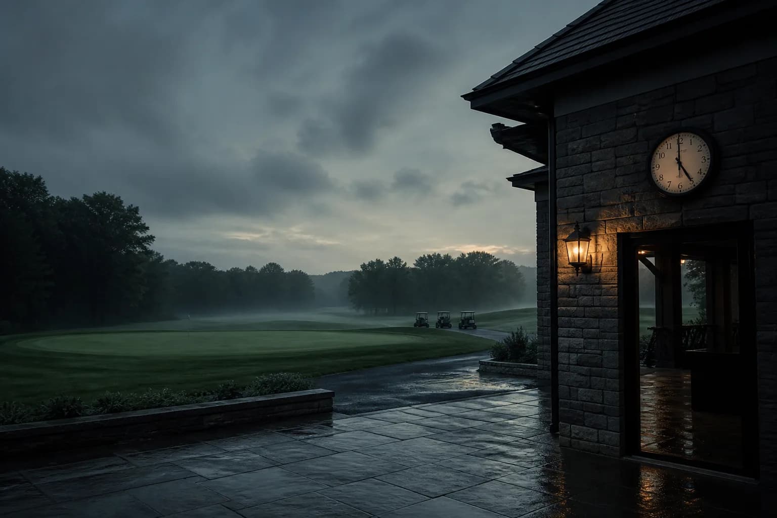 A rain-darkened golf course viewed through a clubhouse window beside a desk lamp.