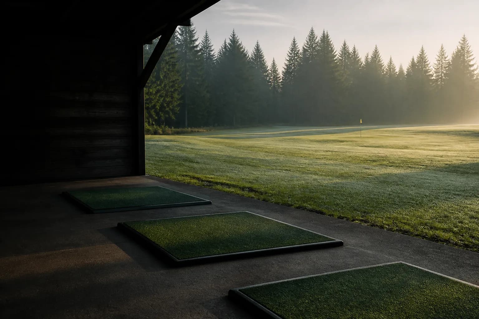 Empty golf practice bays at sunrise beside a quiet course.