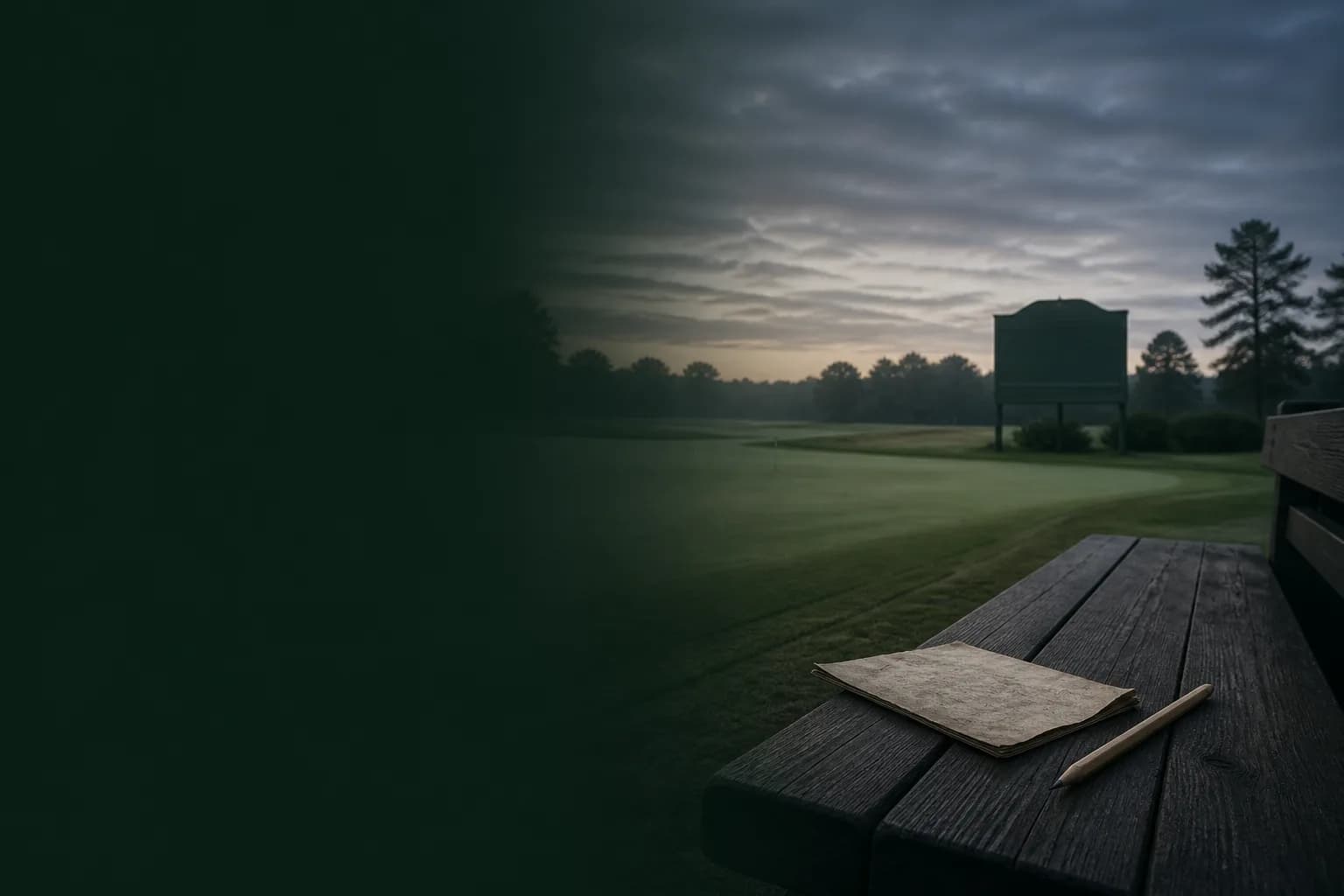 A quiet golf practice green at dawn with an unreadable scorecard and pencil on a wooden bench.