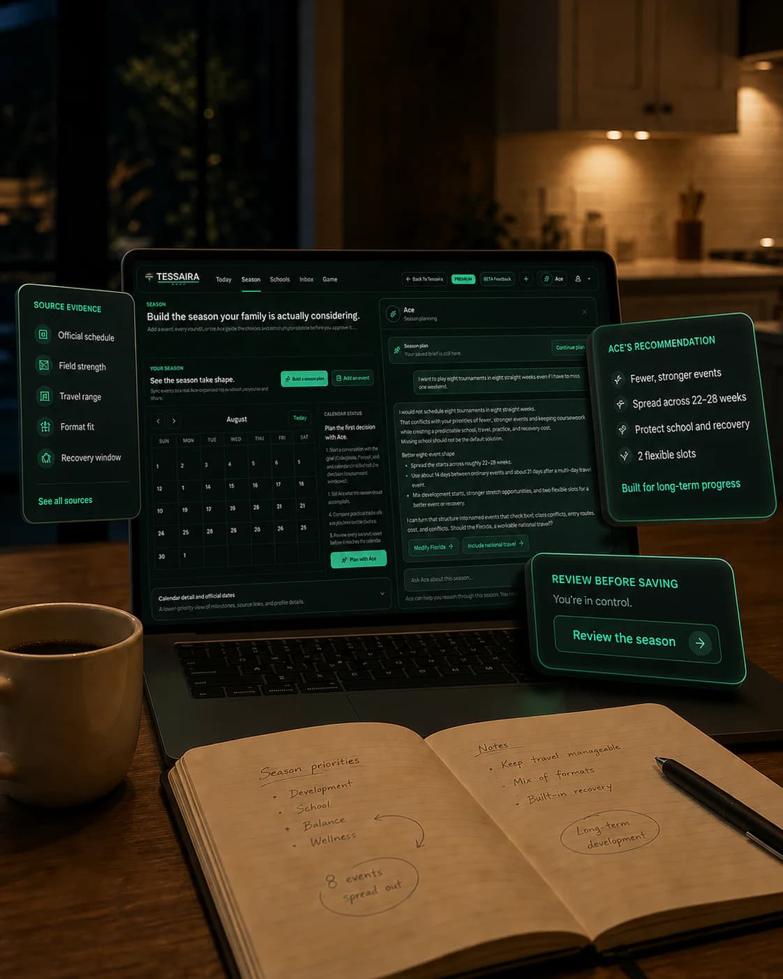 Cinematic Tessaira Premium presentation showing the Season workspace with Ace, source evidence, a recommendation, and family review controls.