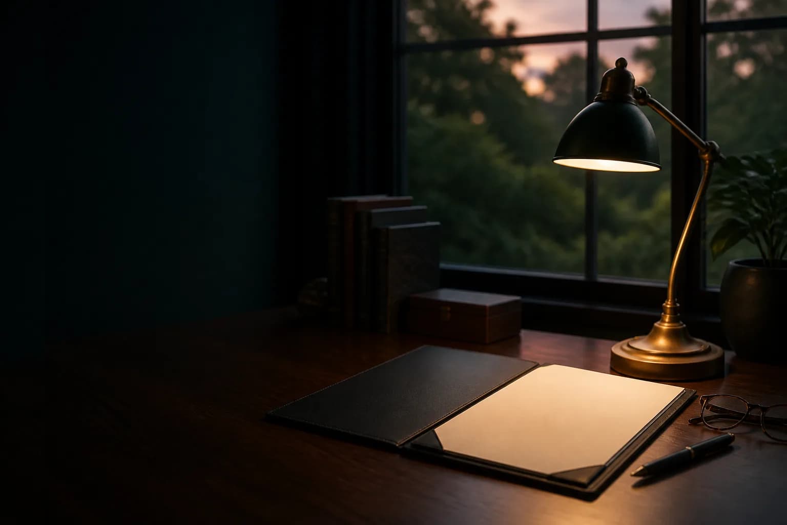 An open unmarked folder, reading glasses, and desk lamp in a quiet home office at dusk.