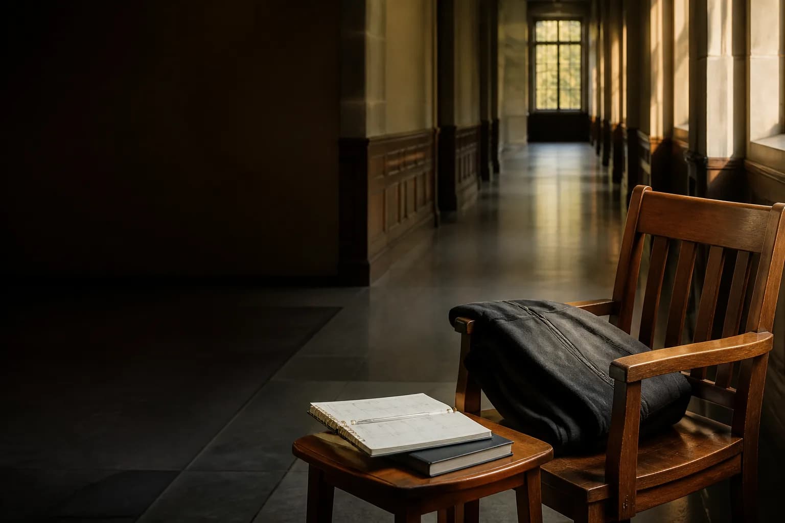 A folded jacket and weekly planner on a chair in an empty college corridor.