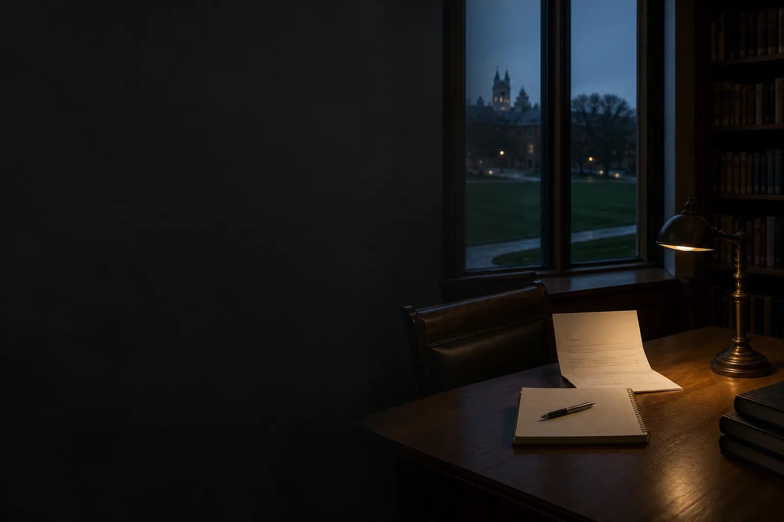 A quiet university library study table with an unreadable aid letter and a campus green outside at blue hour.