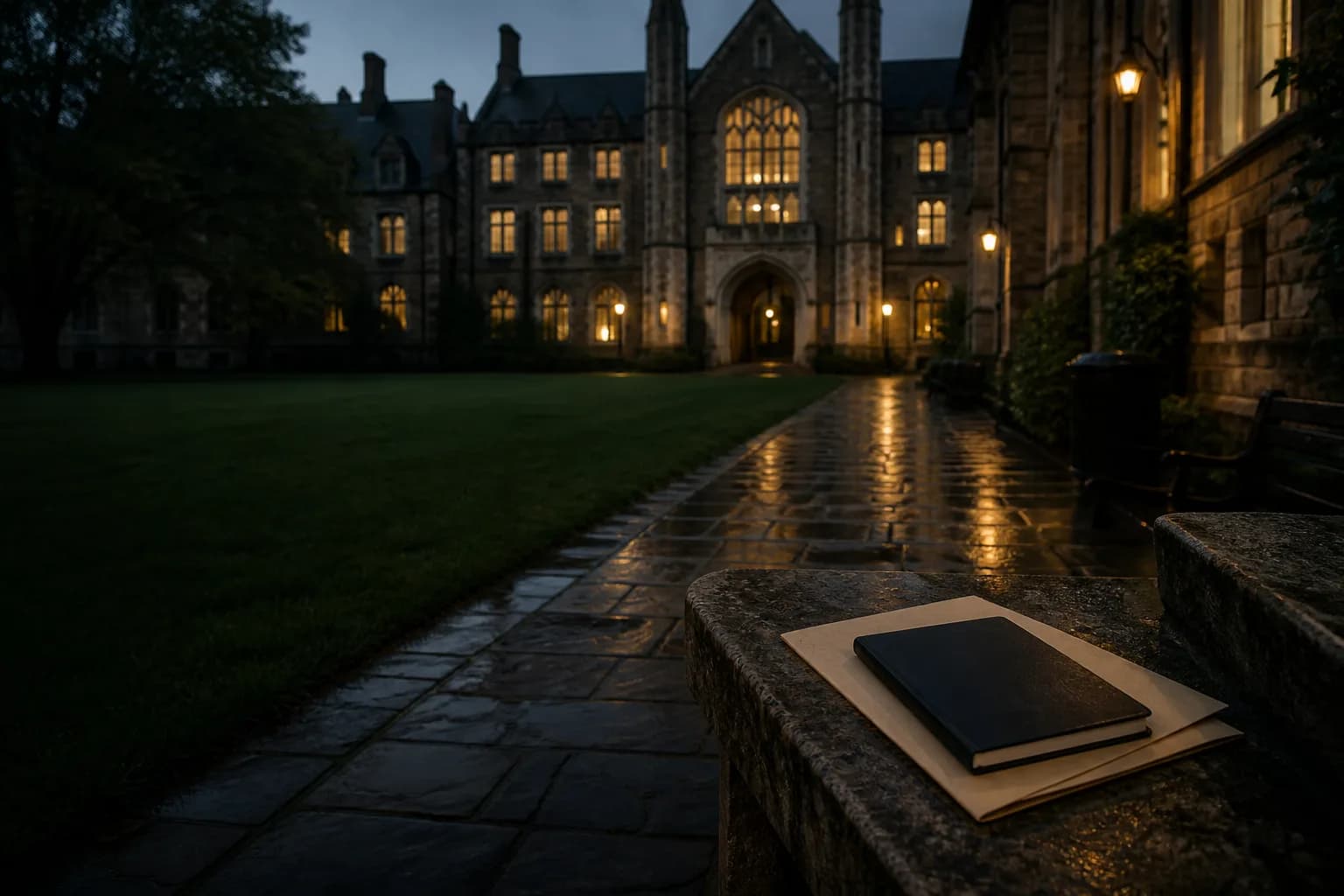 A rain-darkened college quadrangle at dusk with a notebook and folder on a stone bench.