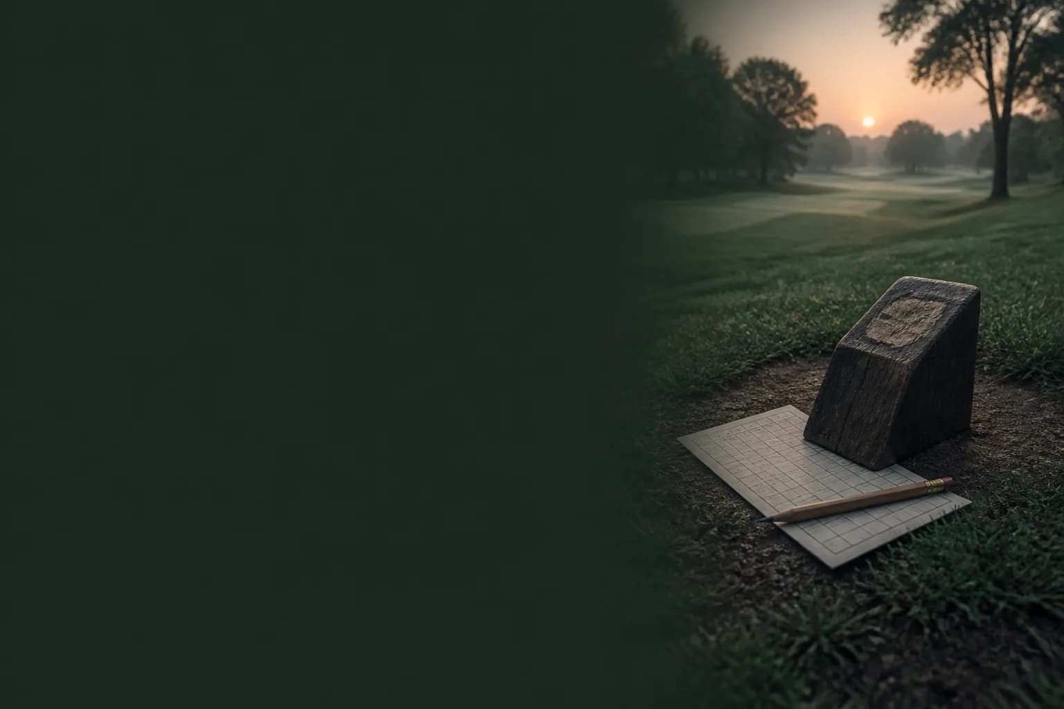 A quiet municipal golf course at sunrise with a scorecard and pencil beside a wooden tee marker.