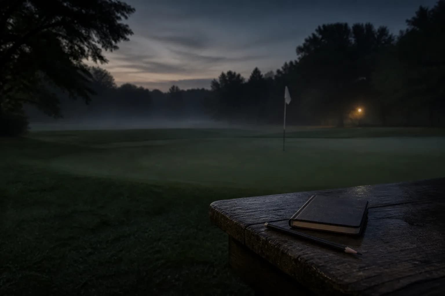 An empty golf green at blue hour with a notebook and pencil near the edge of the putting surface.