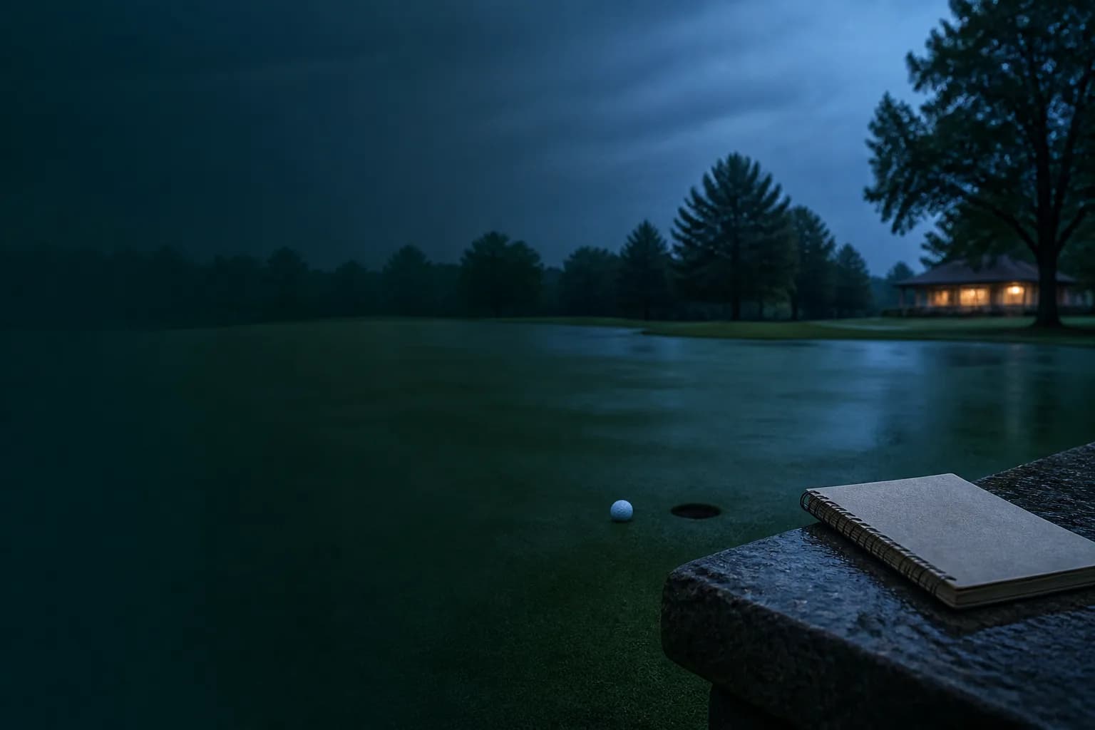A rain-darkened putting green at blue hour with a golf ball near a cup and a plain notebook on a stone bench.