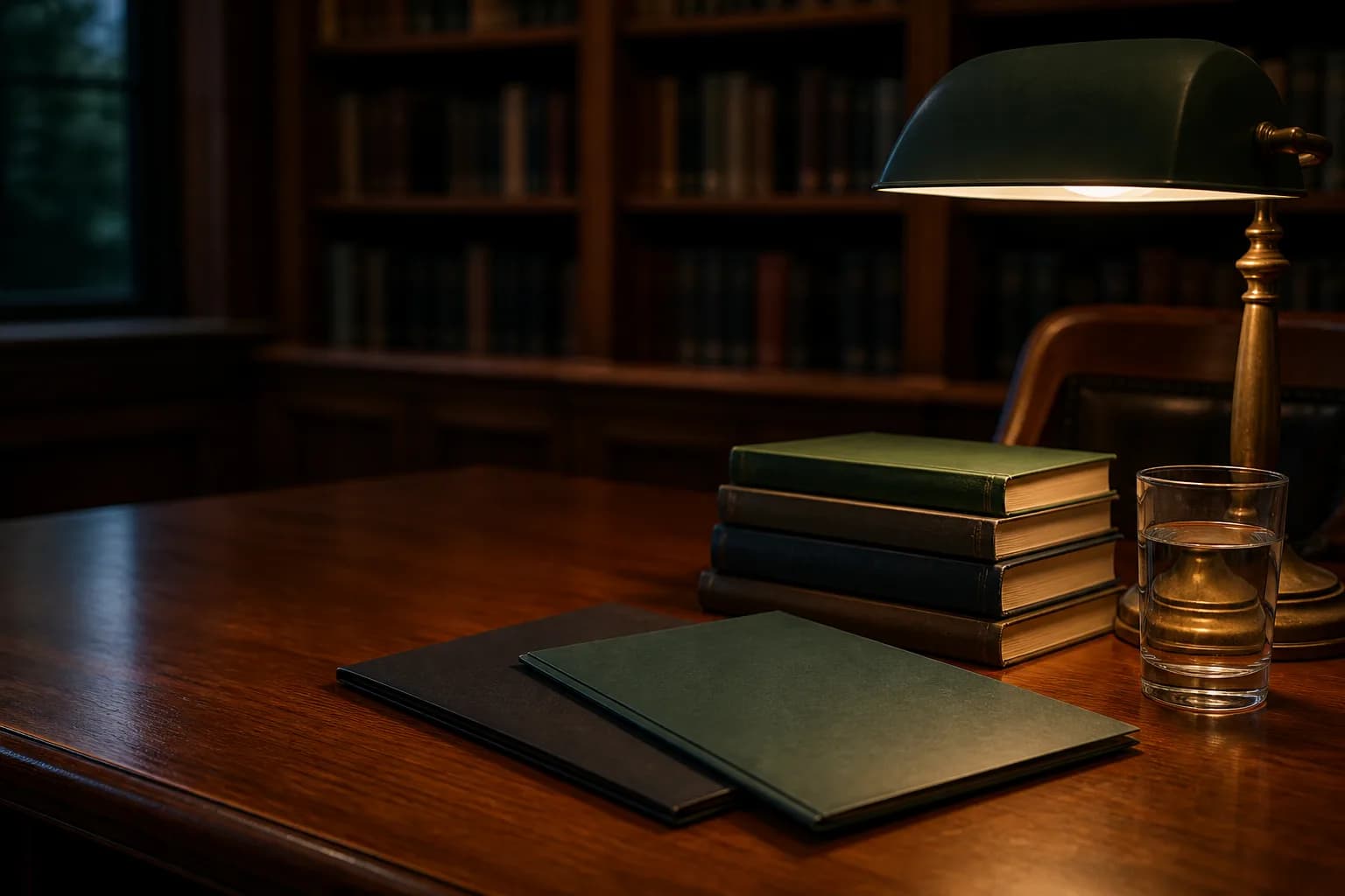 Unlabeled folders and hardback books under a green brass library lamp.